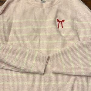 a new day Light Pink Striped Sweater with Red Bow